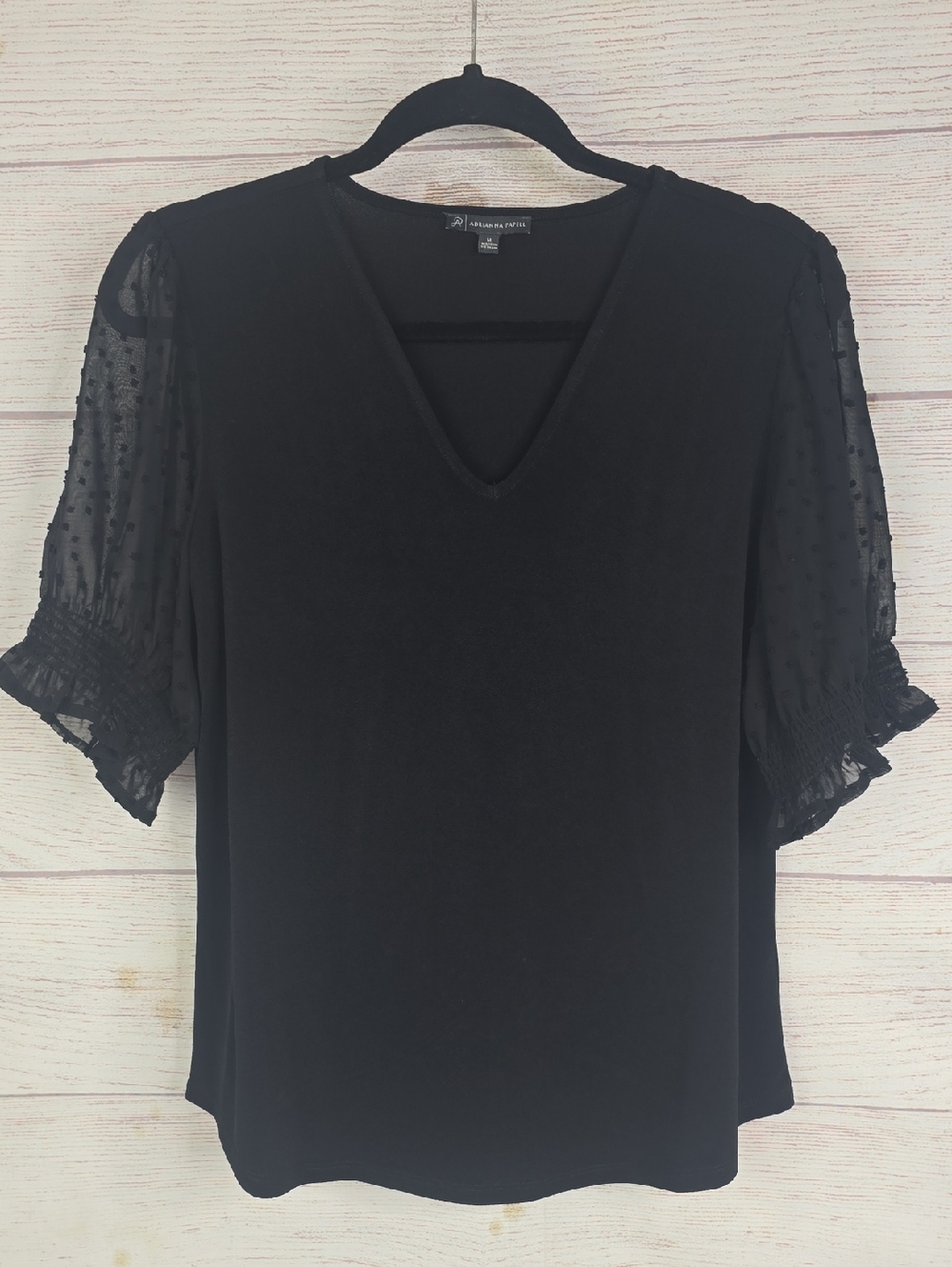 Adrianna Papell Black V-Neck Blouse with Sheer Dot Sleeves Sz Med